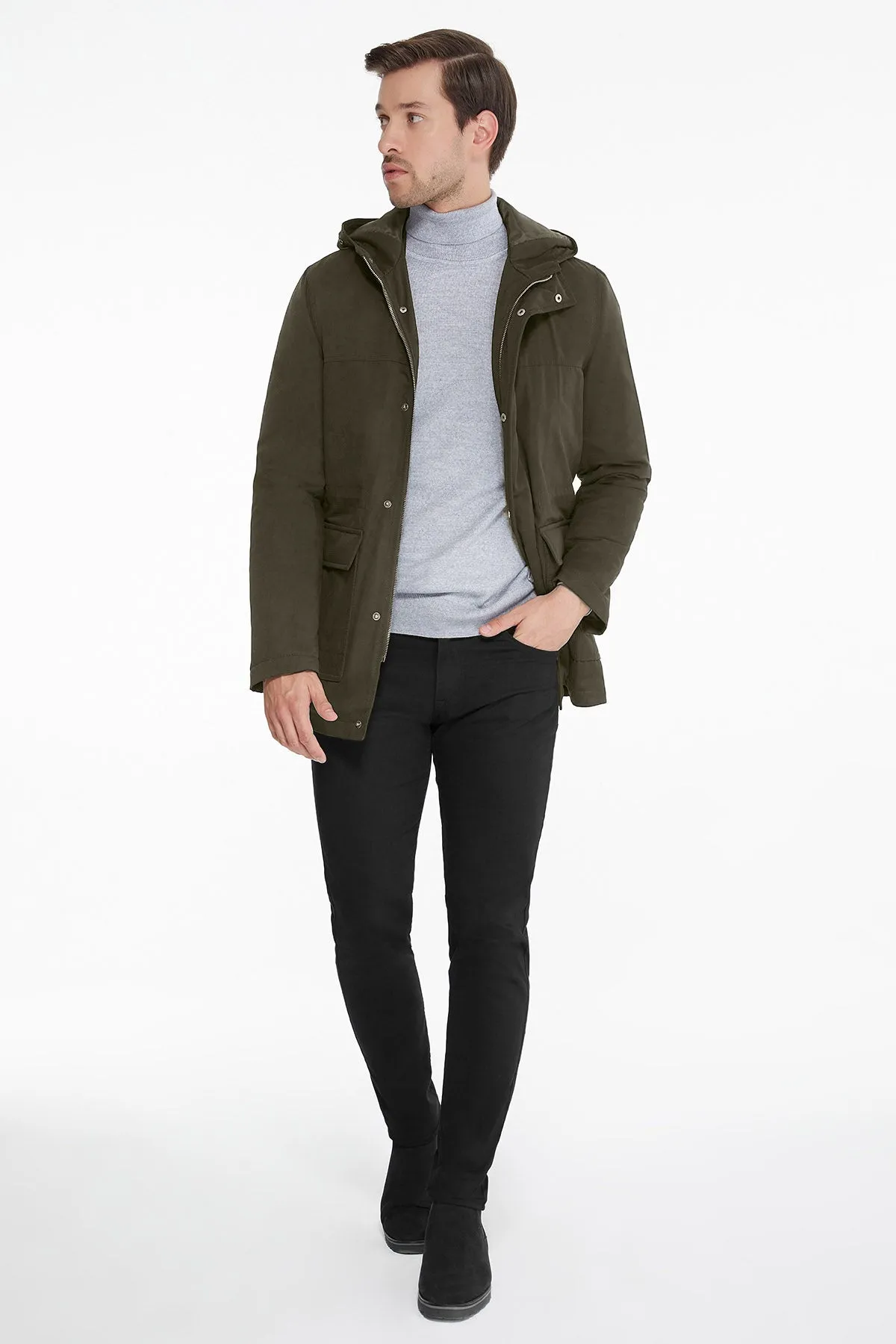 Slim Fit Stand Collar Hooded Khaki Coat