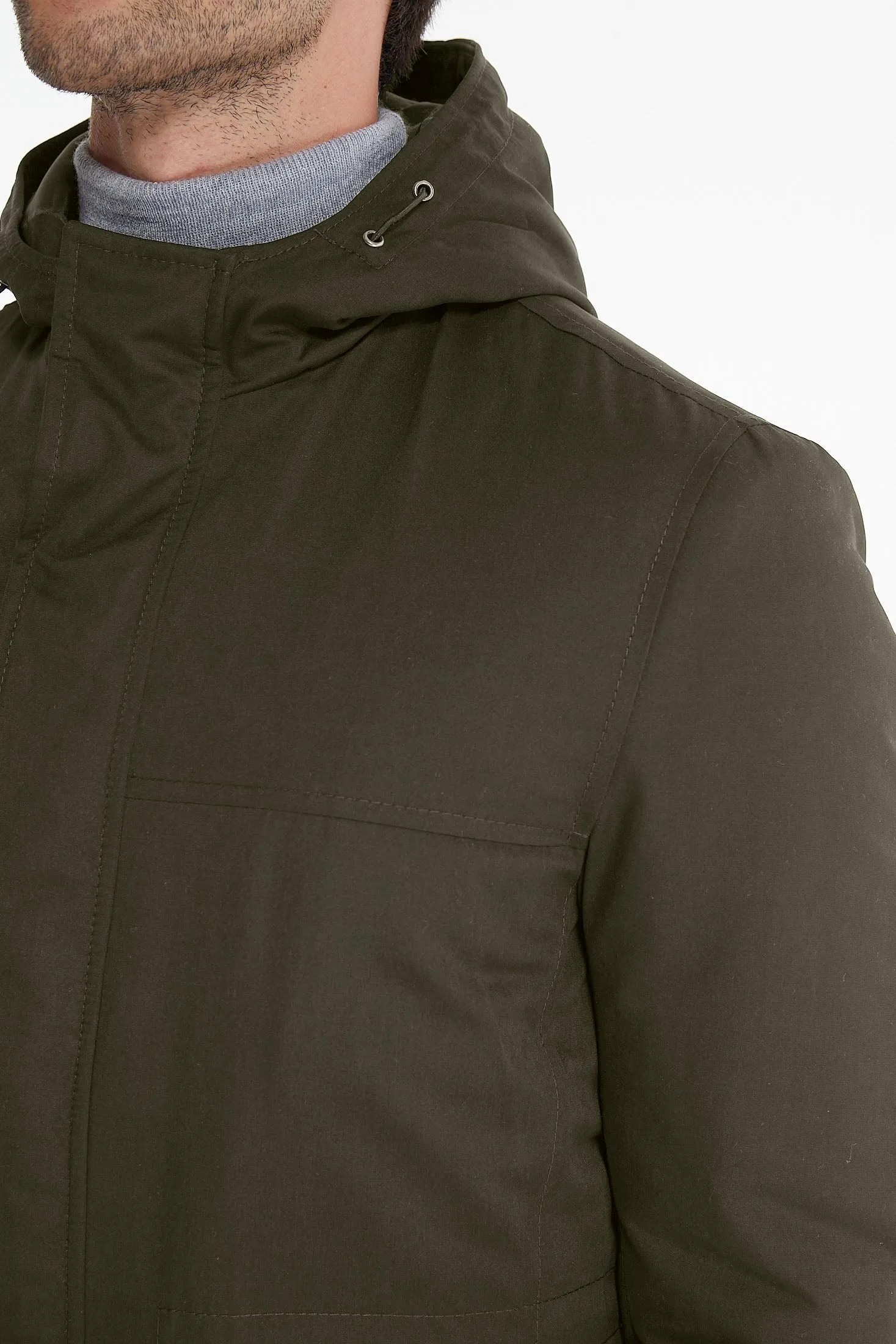 Slim Fit Stand Collar Hooded Khaki Coat