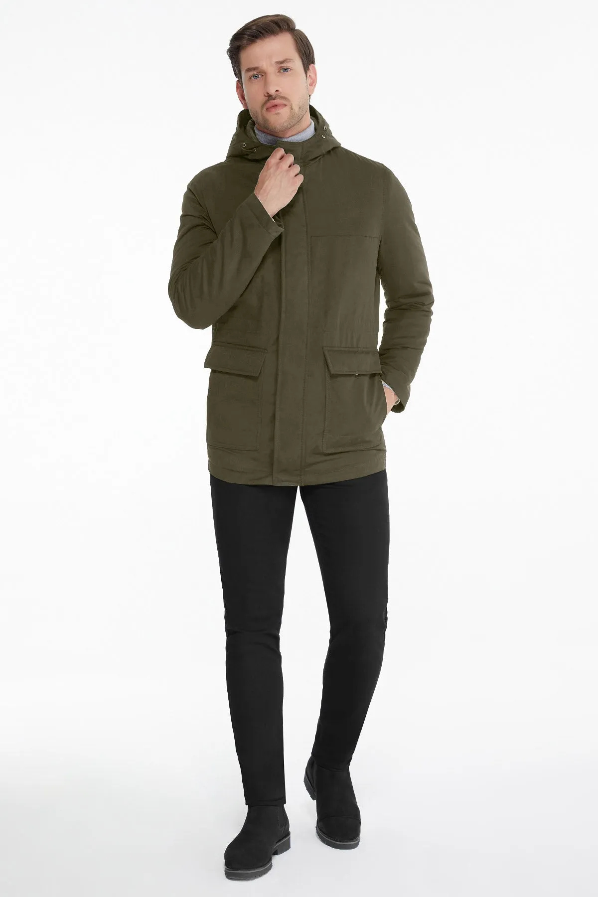 Slim Fit Stand Collar Hooded Khaki Coat