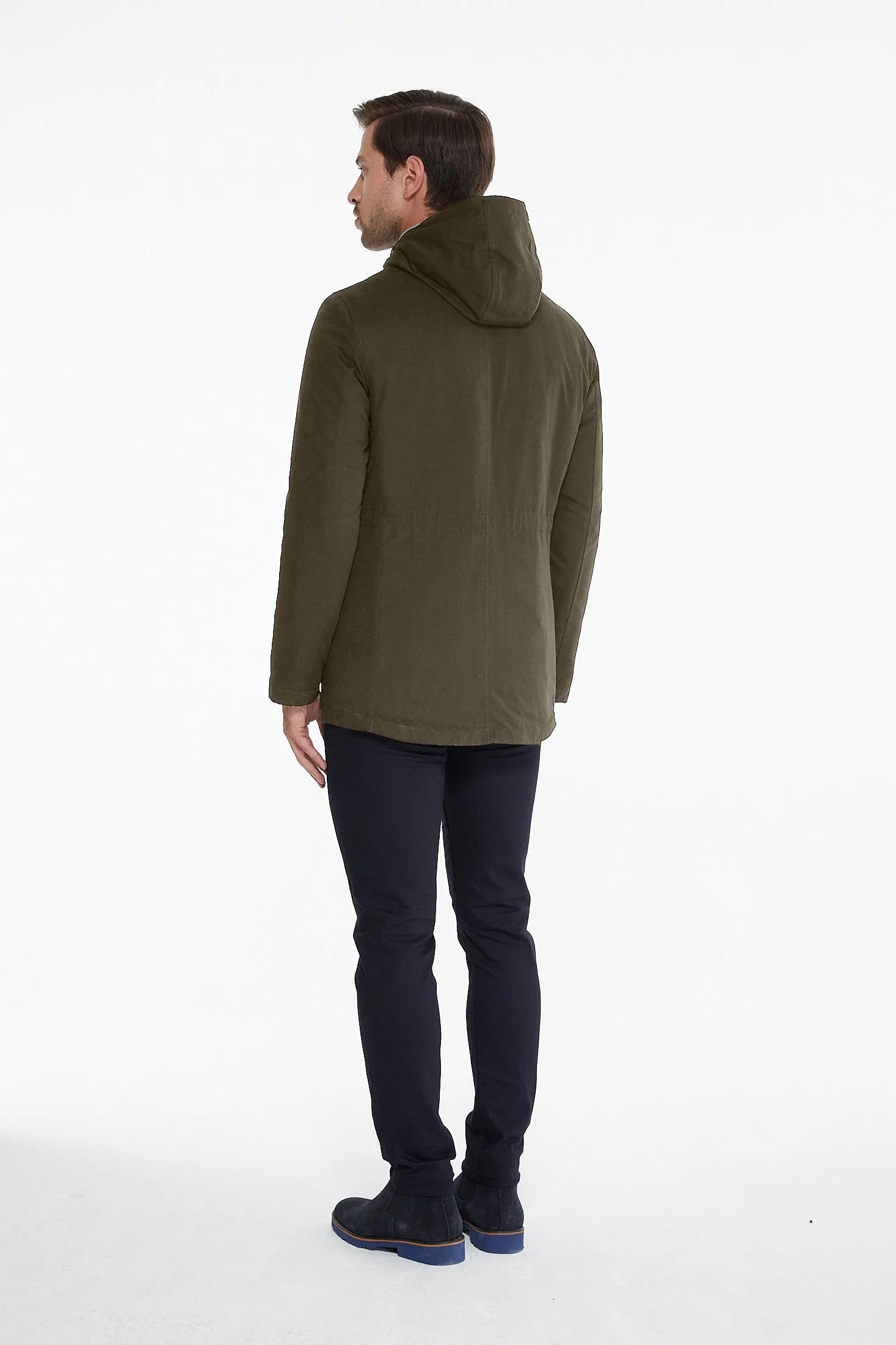 Slim Fit Stand Collar Hooded Khaki Coat