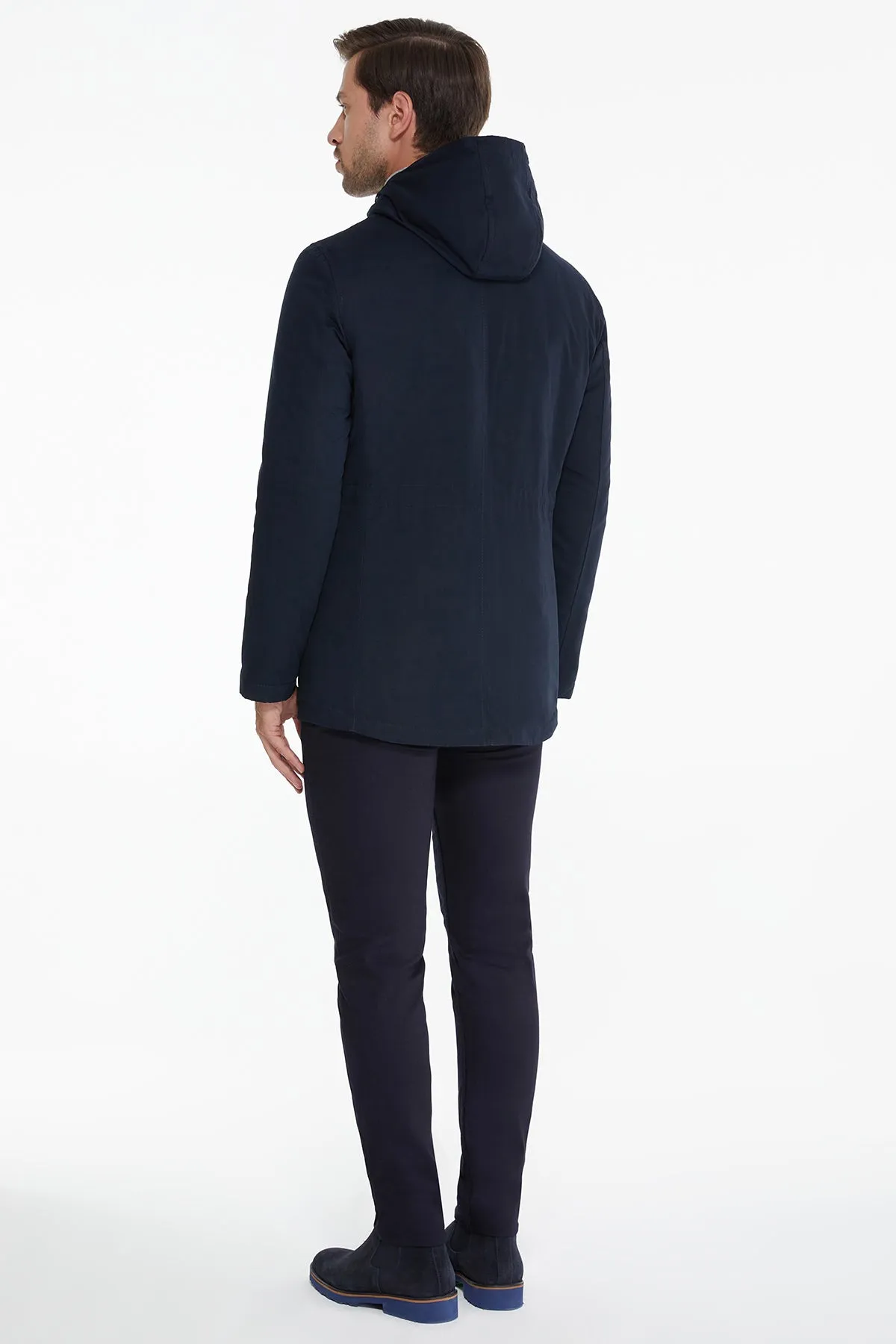 Slim Fit Stand Collar Hooded Navy Coat
