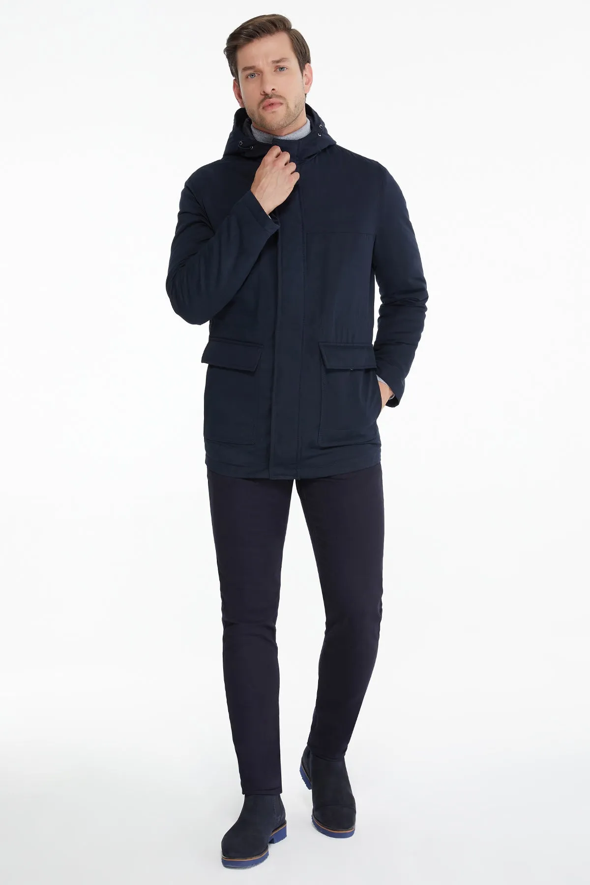 Slim Fit Stand Collar Hooded Navy Coat