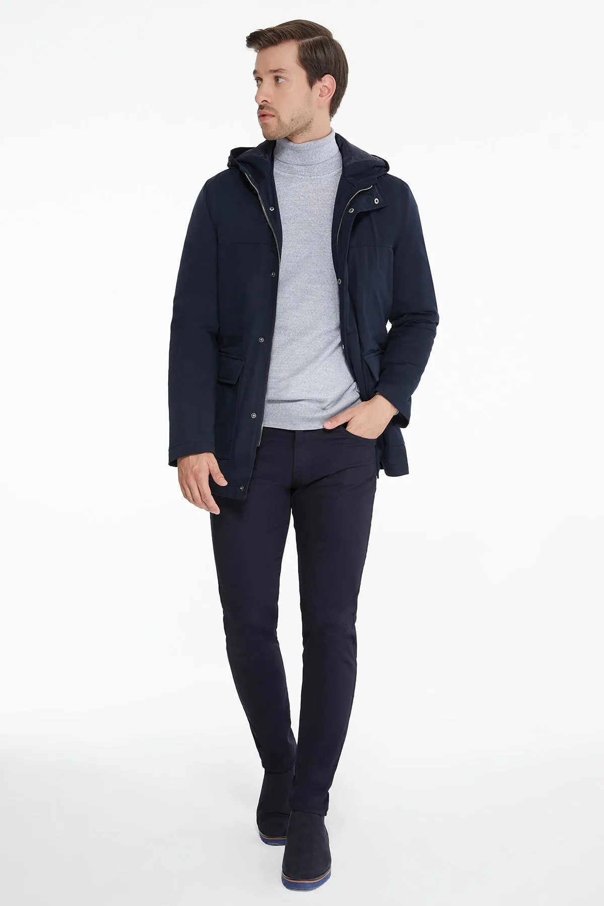 Slim Fit Stand Collar Hooded Navy Coat