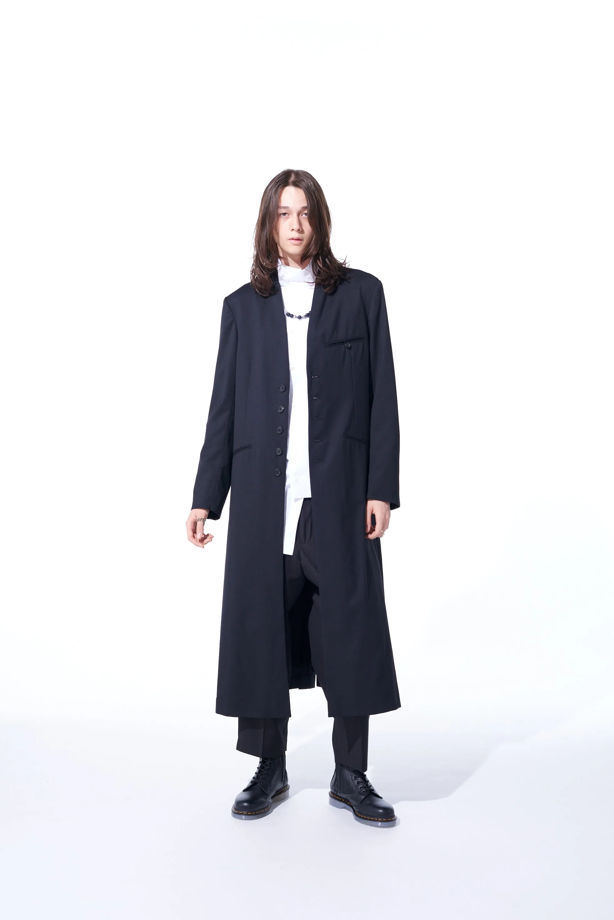 T/W GABARDINE COLLARLESS 5-BUTTON LONG JACKET
