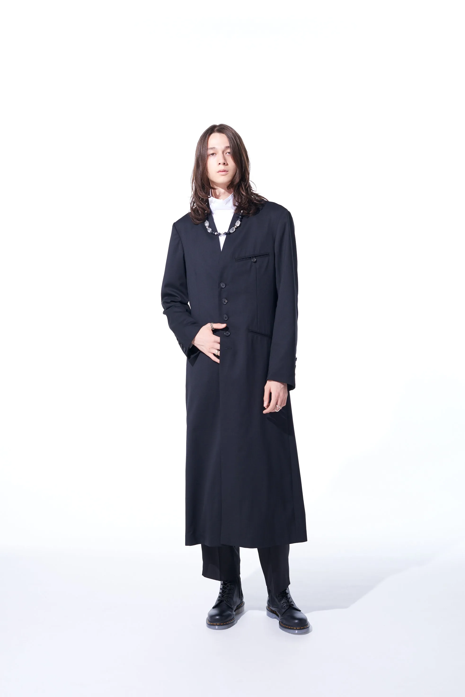 T/W GABARDINE COLLARLESS 5-BUTTON LONG JACKET