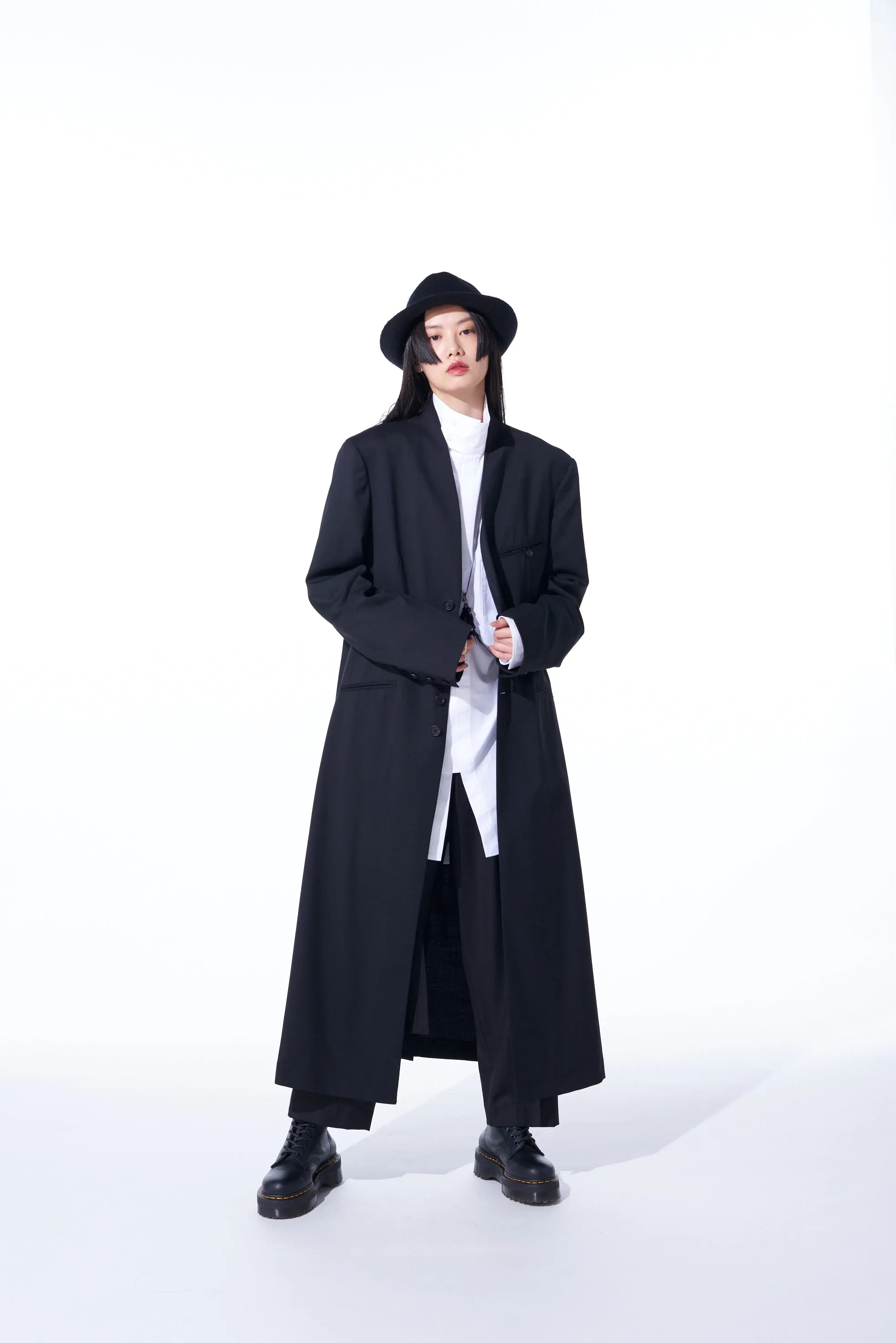 T/W GABARDINE COLLARLESS 5-BUTTON LONG JACKET