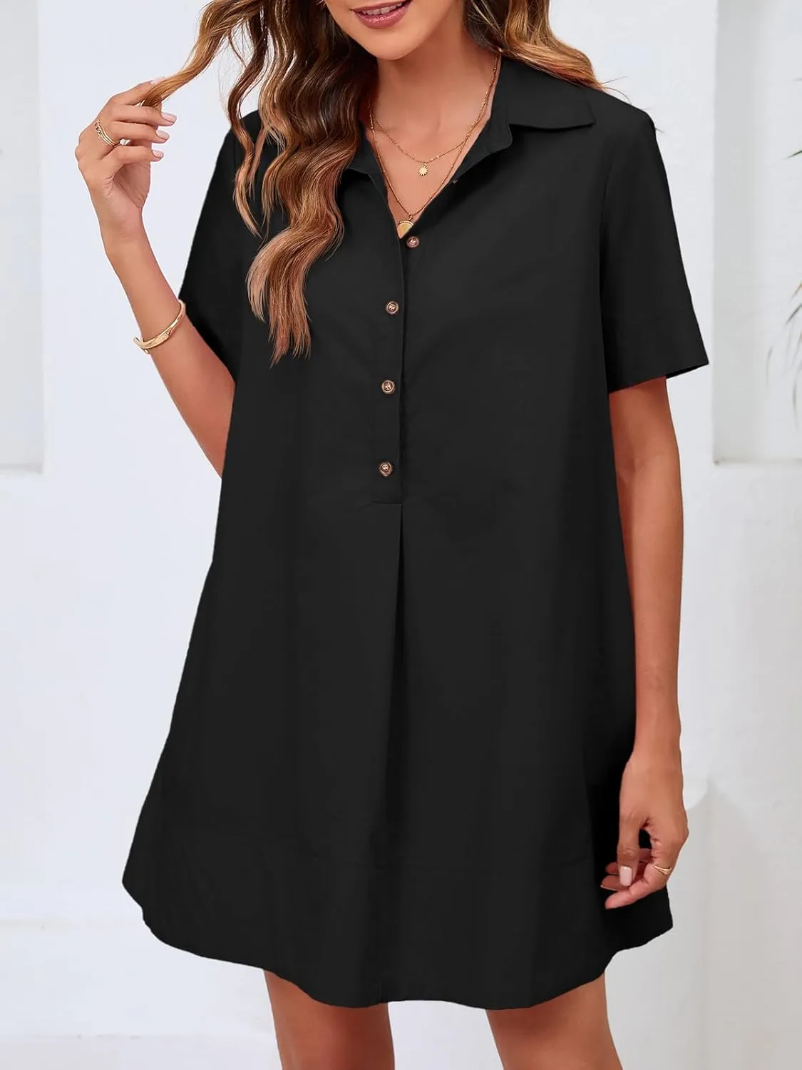 Wenrine Womens Button Down Shirt Dress Oversized Casual Short Sleeve Collared V Neck Summer Mini Dresses