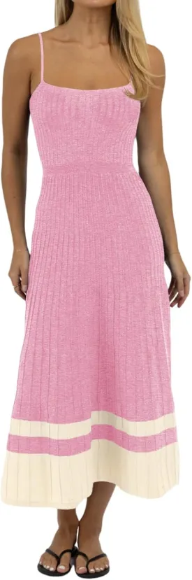 Wenrine Womens Summer Sleeveless Maxi Dress Casual Spaghetti Strap Knit Pleated Contrast Color Beach Dresses