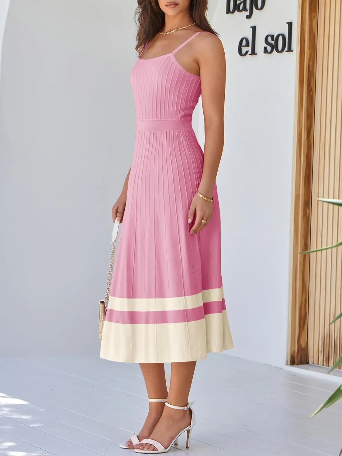 Wenrine Womens Summer Sleeveless Maxi Dress Casual Spaghetti Strap Knit Pleated Contrast Color Beach Dresses