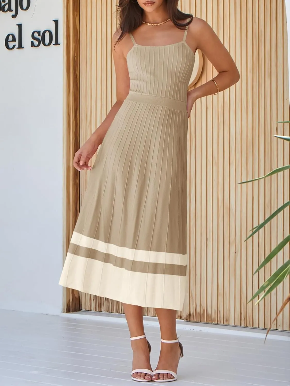 Wenrine Womens Summer Sleeveless Maxi Dress Casual Spaghetti Strap Knit Pleated Contrast Color Beach Dresses