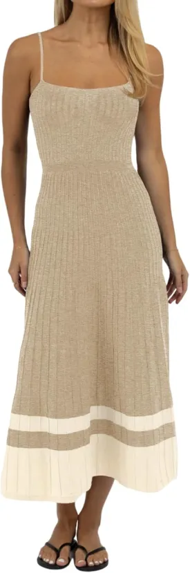 Wenrine Womens Summer Sleeveless Maxi Dress Casual Spaghetti Strap Knit Pleated Contrast Color Beach Dresses