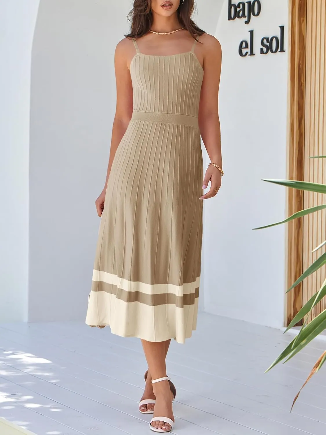 Wenrine Womens Summer Sleeveless Maxi Dress Casual Spaghetti Strap Knit Pleated Contrast Color Beach Dresses