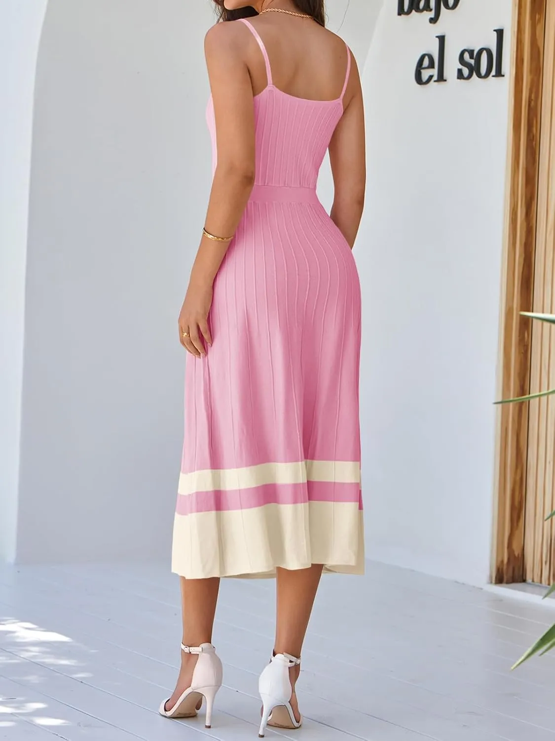 Wenrine Womens Summer Sleeveless Maxi Dress Casual Spaghetti Strap Knit Pleated Contrast Color Beach Dresses