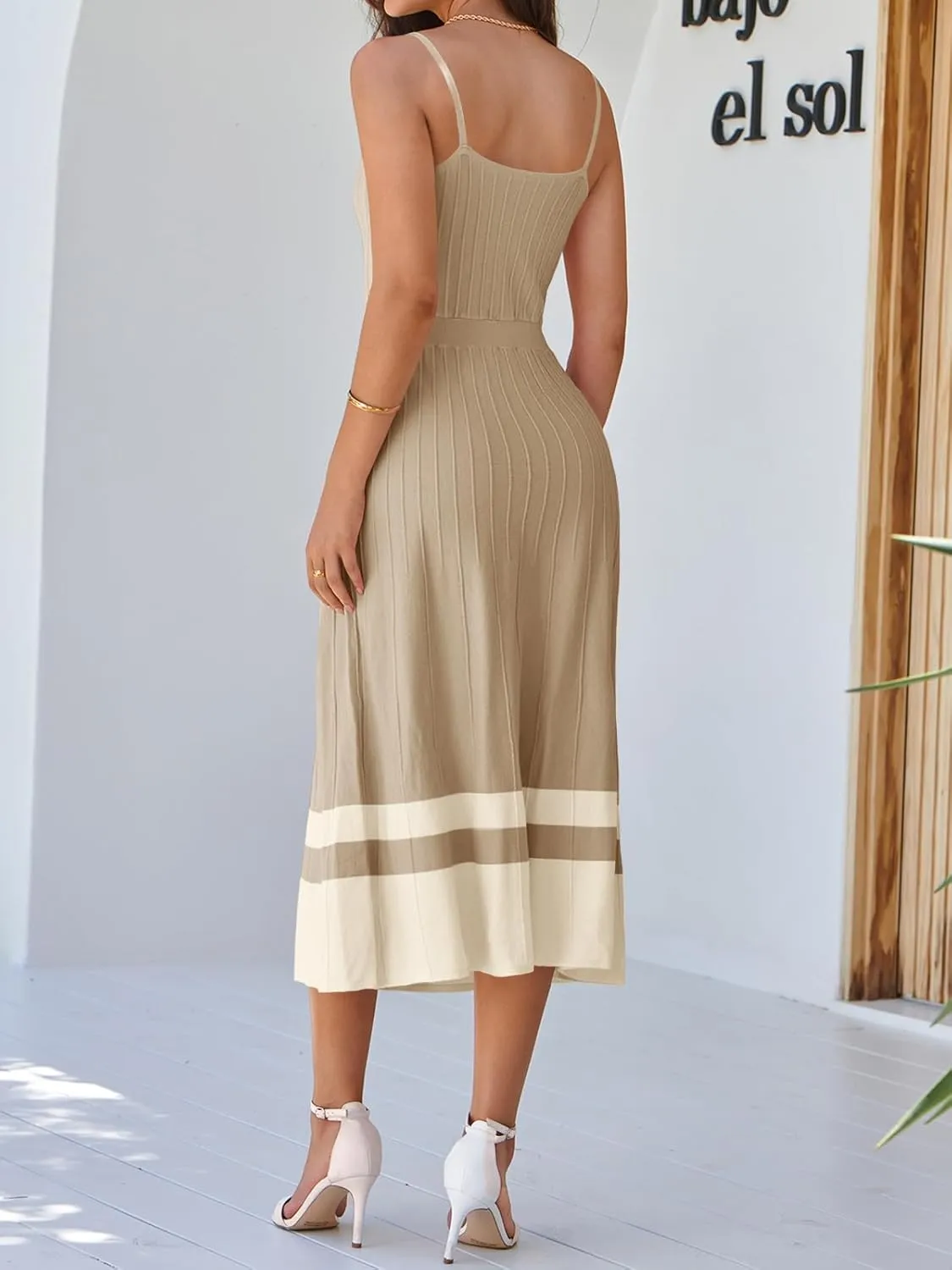 Wenrine Womens Summer Sleeveless Maxi Dress Casual Spaghetti Strap Knit Pleated Contrast Color Beach Dresses