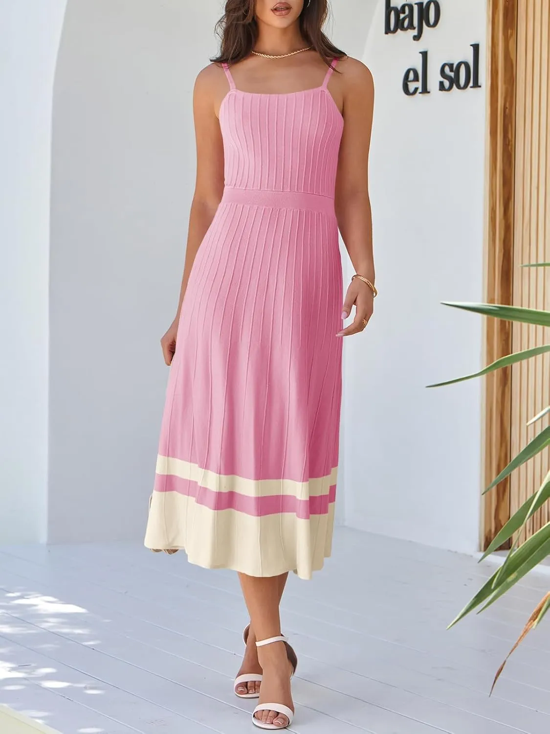Wenrine Womens Summer Sleeveless Maxi Dress Casual Spaghetti Strap Knit Pleated Contrast Color Beach Dresses
