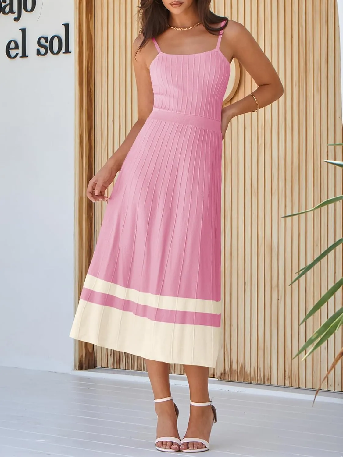 Wenrine Womens Summer Sleeveless Maxi Dress Casual Spaghetti Strap Knit Pleated Contrast Color Beach Dresses