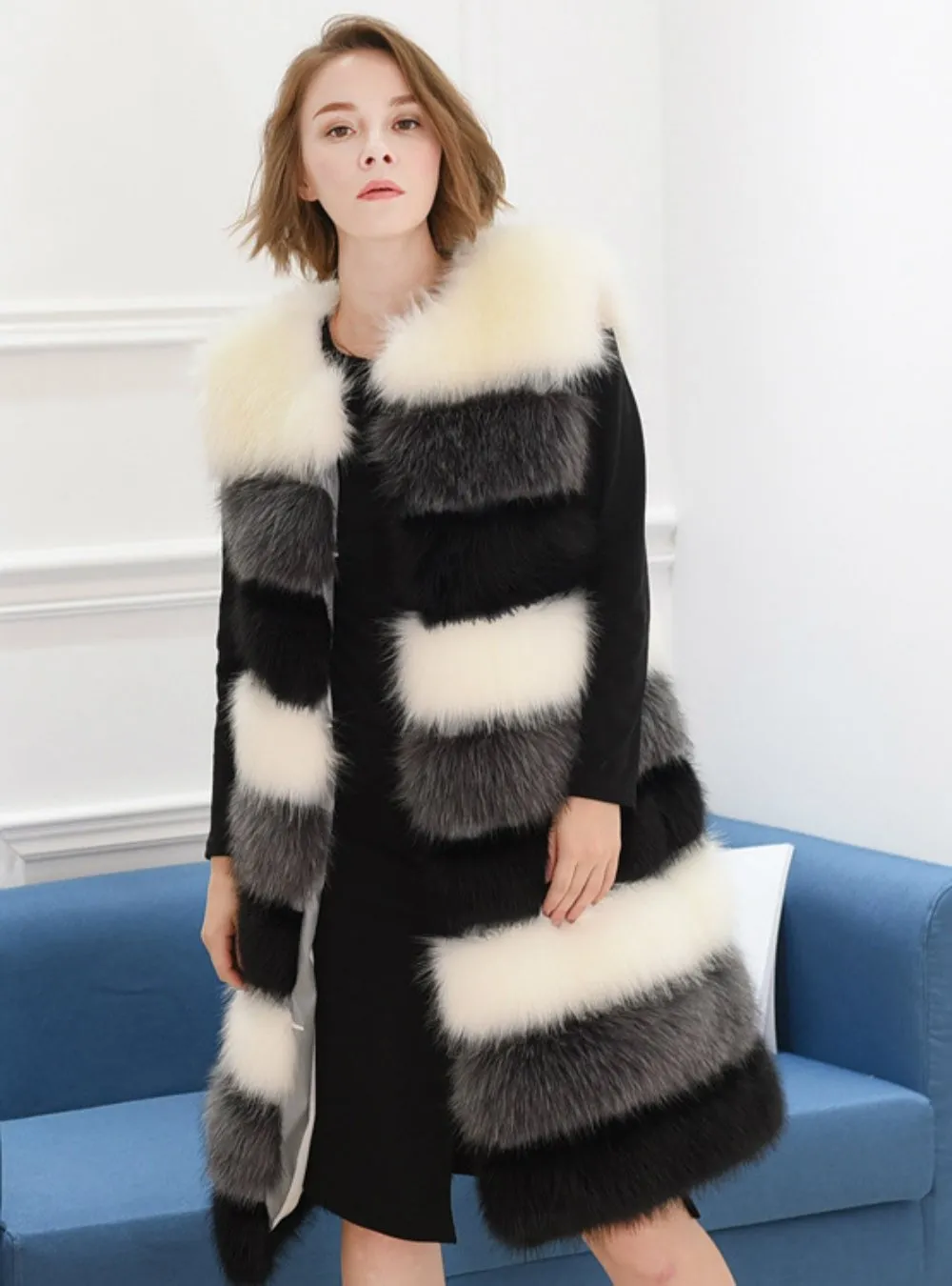 Women Contrast Color Fur Coat Artificial Fox Fur Mosaic