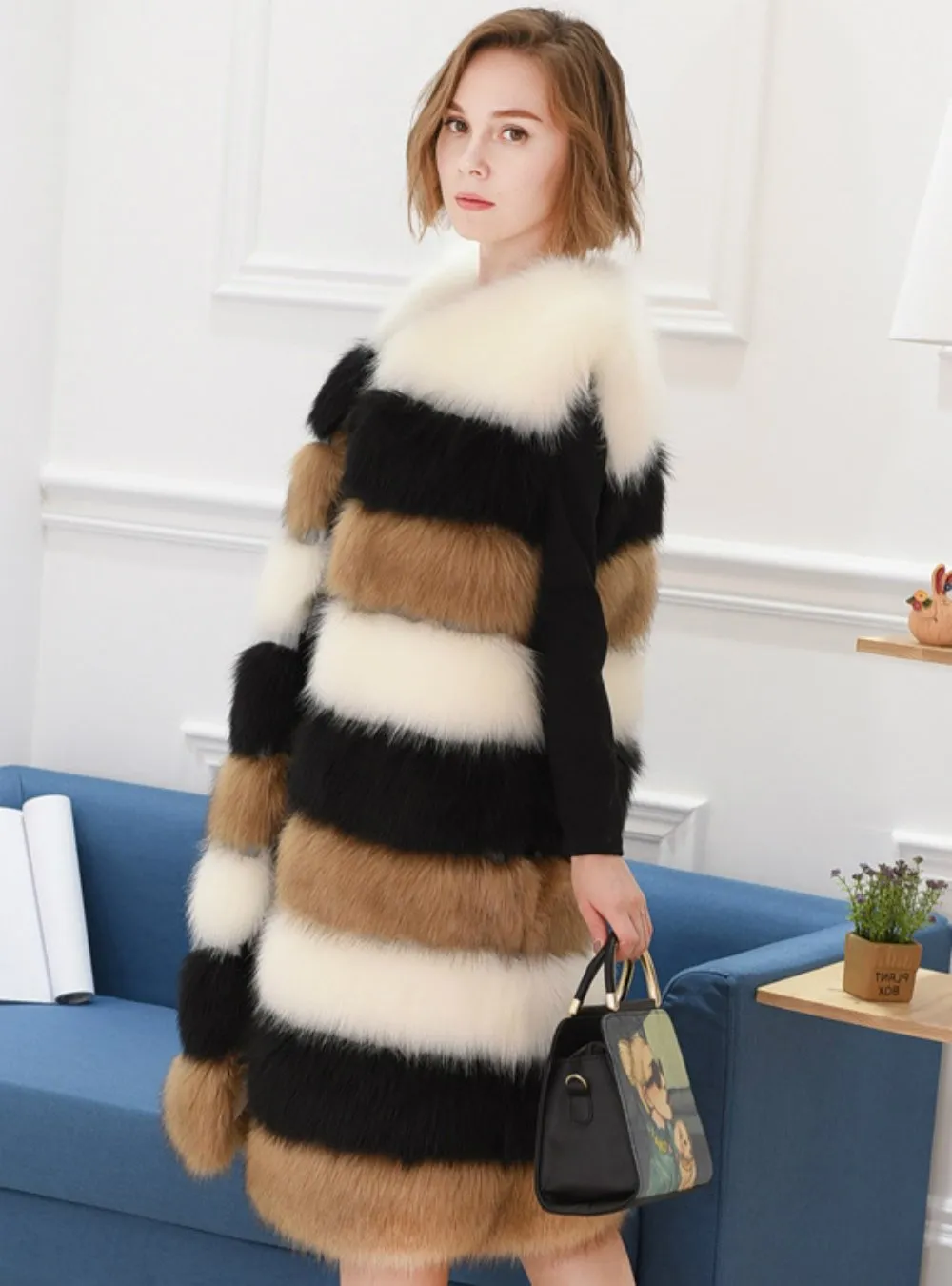 Women Contrast Color Fur Coat Artificial Fox Fur Mosaic