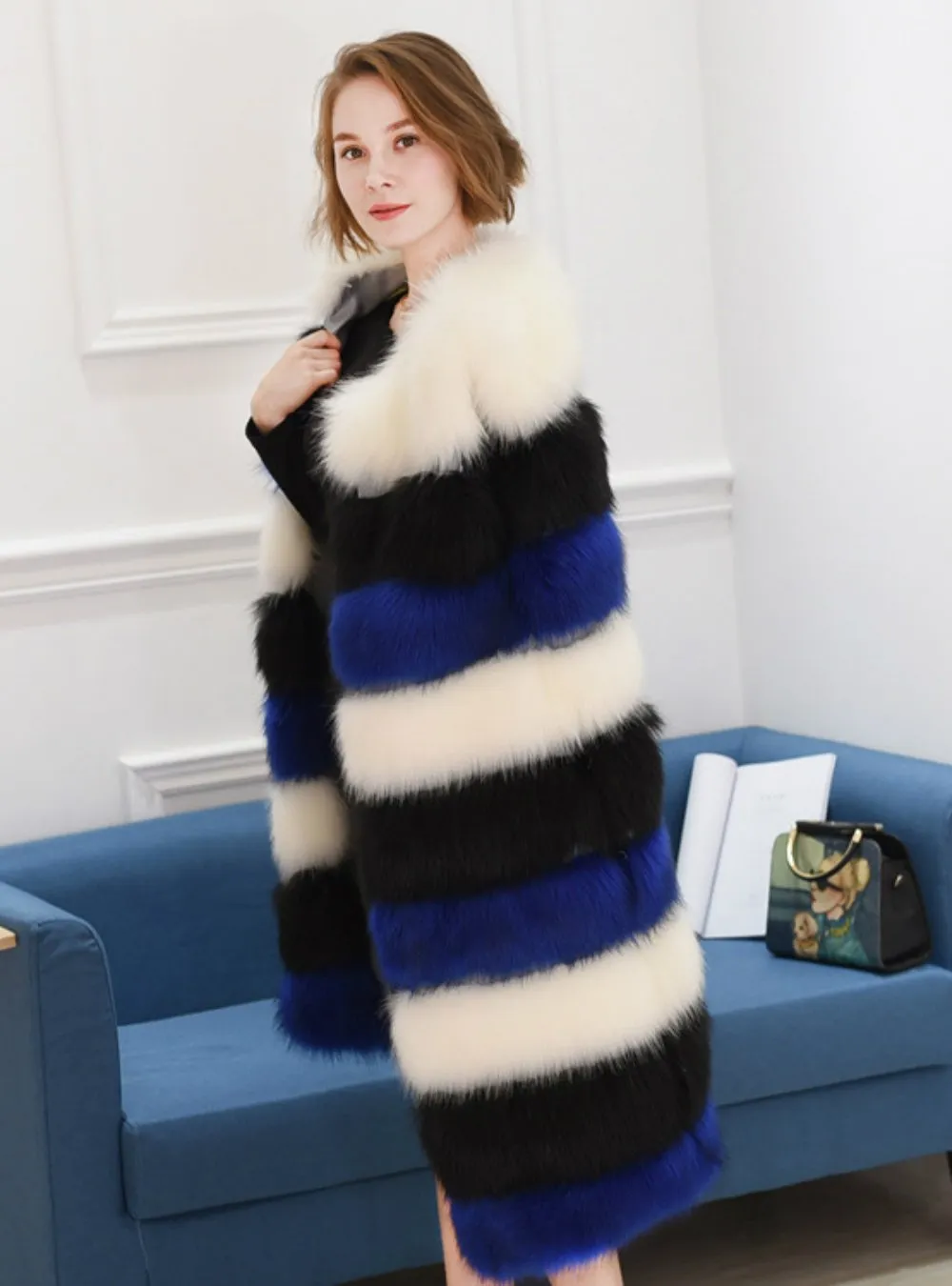 Women Contrast Color Fur Coat Artificial Fox Fur Mosaic