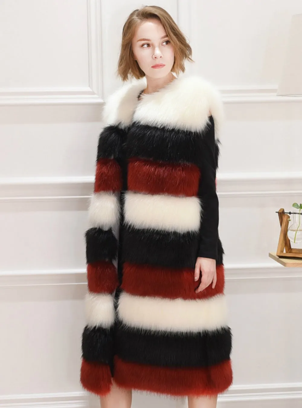 Women Contrast Color Fur Coat Artificial Fox Fur Mosaic