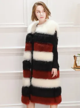 Women Contrast Color Fur Coat Artificial Fox Fur Mosaic