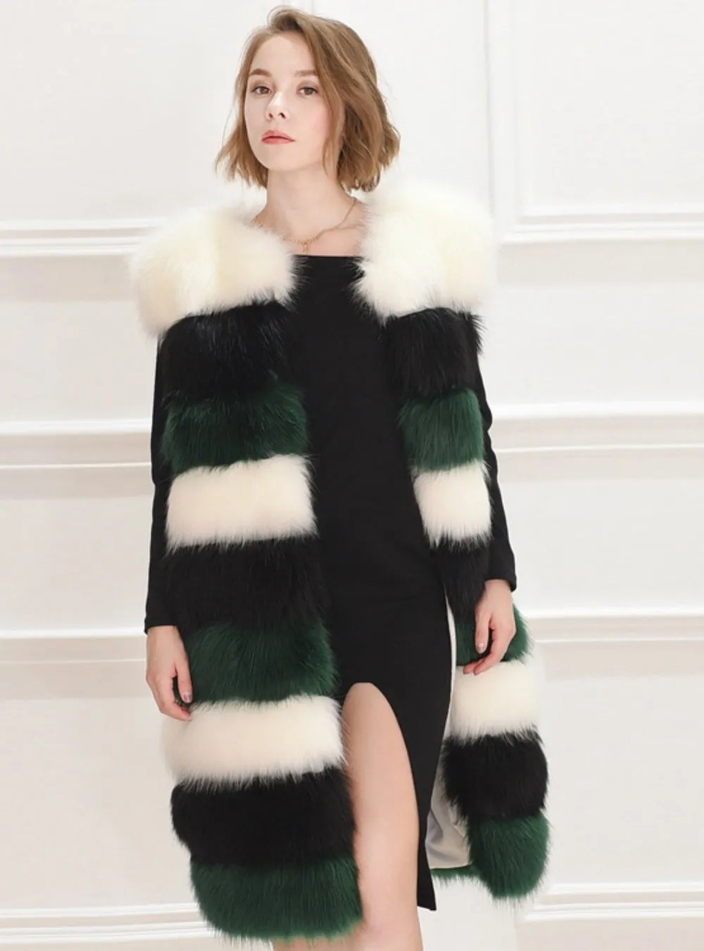 Women Contrast Color Fur Coat Artificial Fox Fur Mosaic