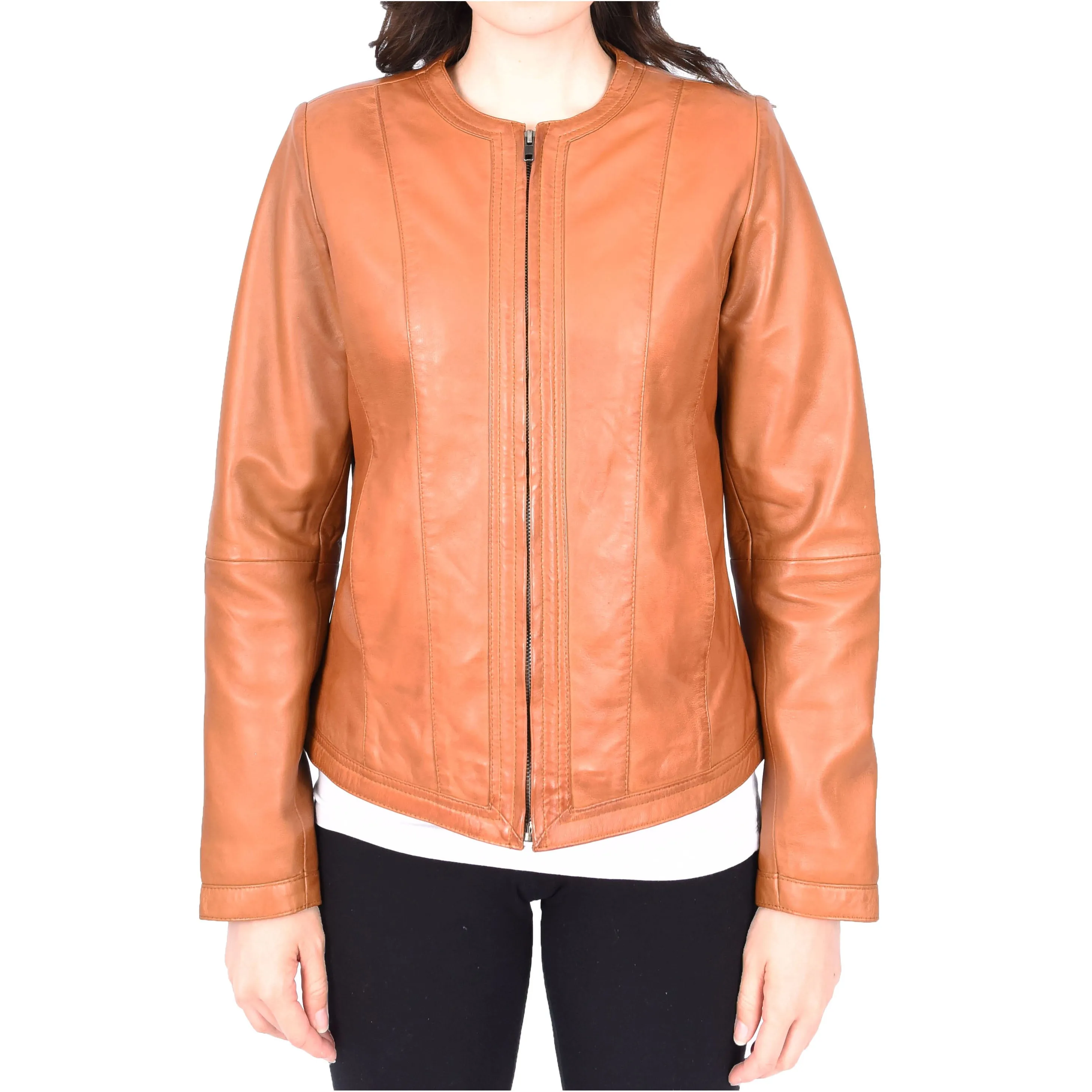 Womens Collarless Tan Leather Jacket Round Neckline Casual Fitted Zip Fasten Fia