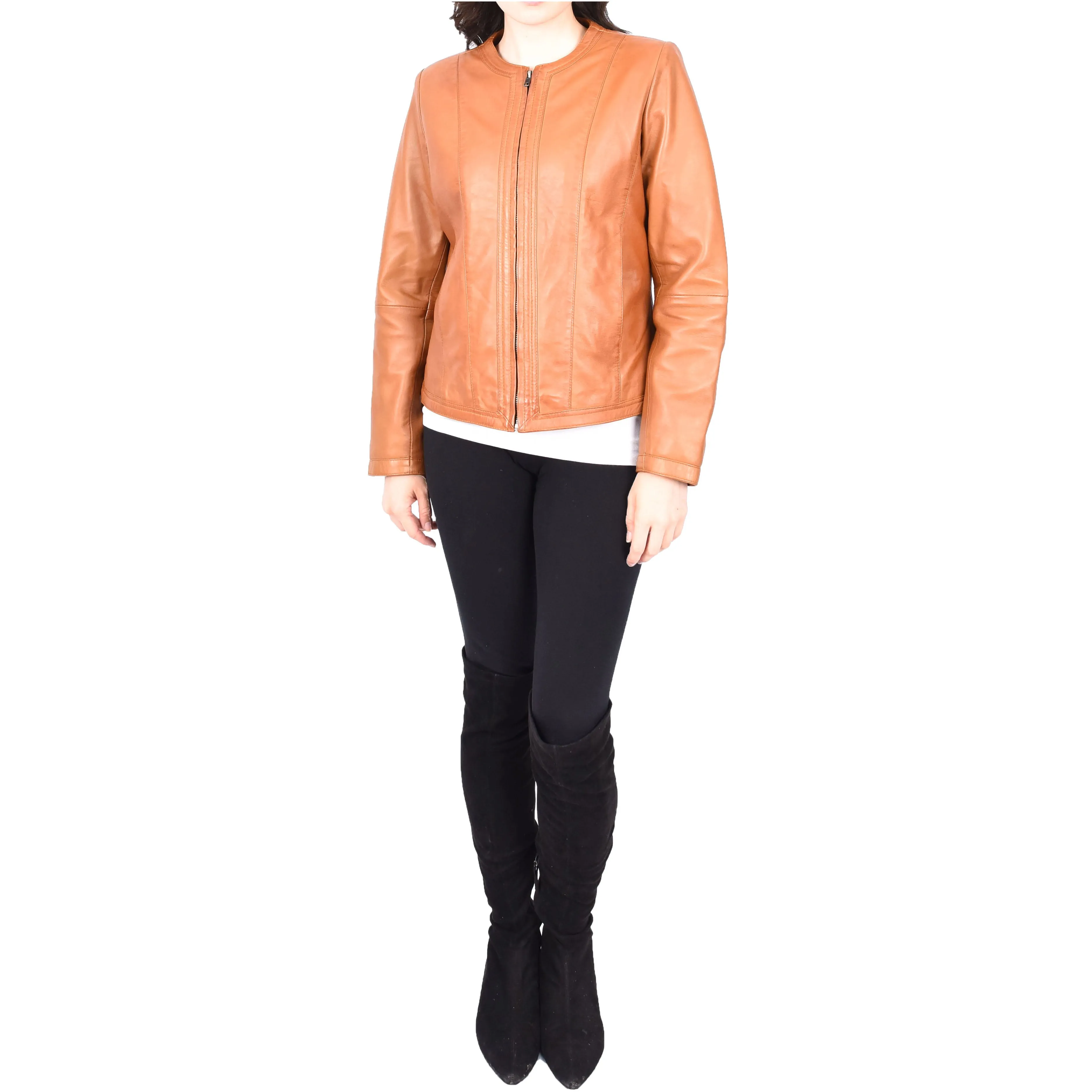 Womens Collarless Tan Leather Jacket Round Neckline Casual Fitted Zip Fasten Fia