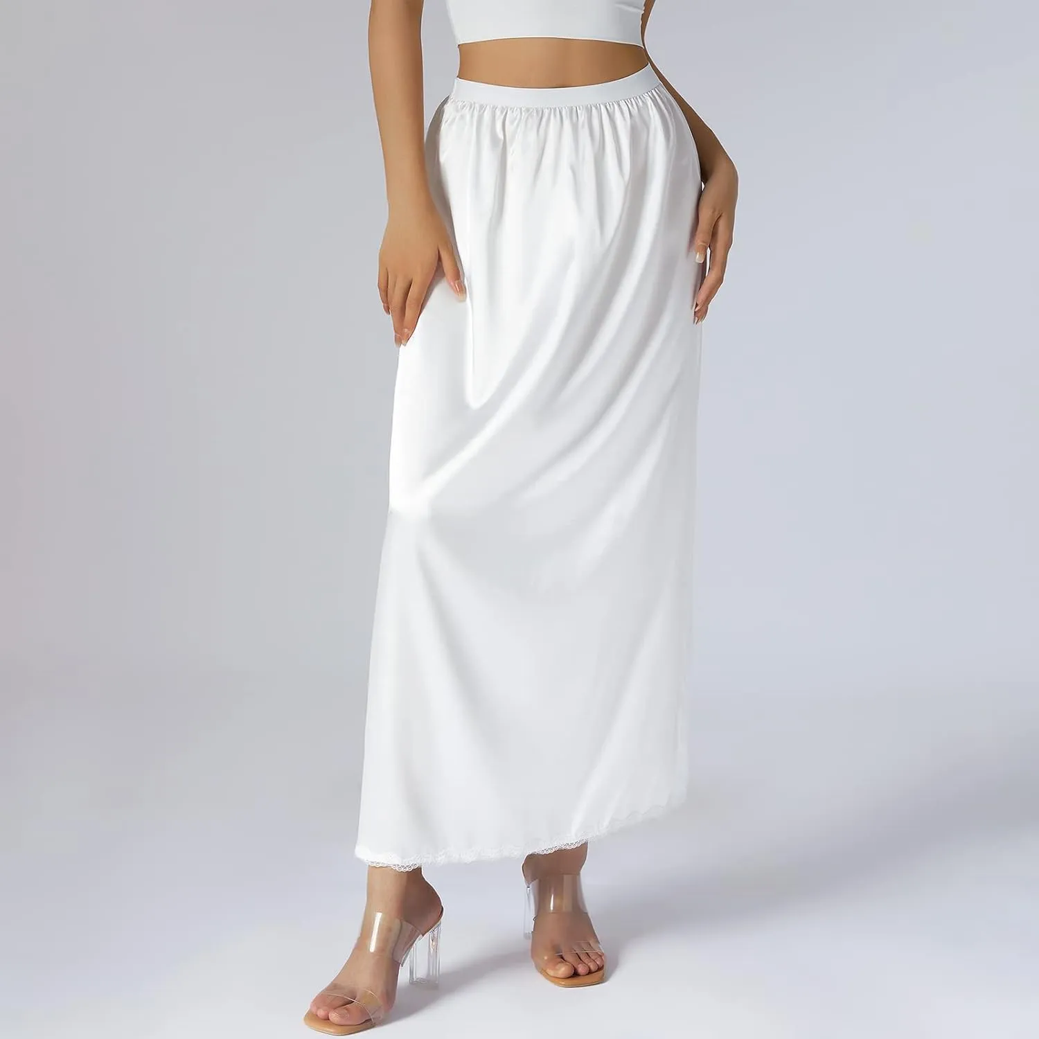 Womens Satin Half Slip Underskirt Elastic Waist Inner Lining for Midi Skirt Long Lace Underskirt for Dresses