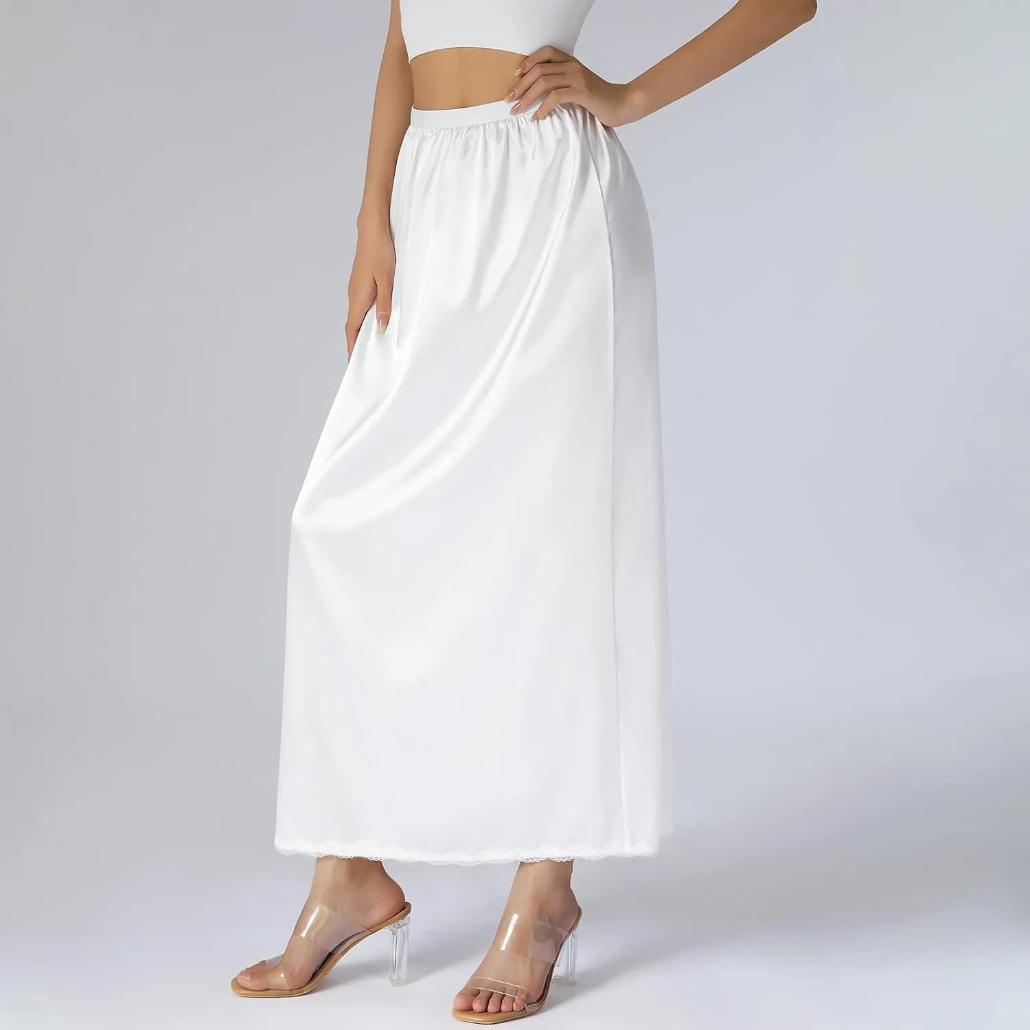 Womens Satin Half Slip Underskirt Elastic Waist Inner Lining for Midi Skirt Long Lace Underskirt for Dresses