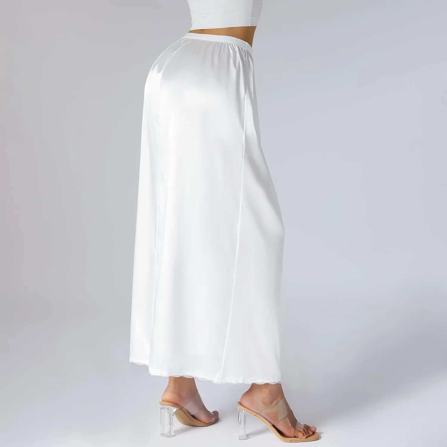 Womens Satin Half Slip Underskirt Elastic Waist Inner Lining for Midi Skirt Long Lace Underskirt for Dresses