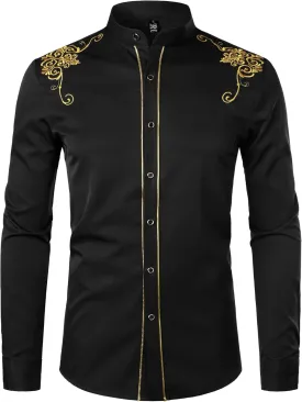 ZEROYAA Men's Luxury Gold Embroidery Design Slim Fit Long Sleeve Button Up Dress Shirts